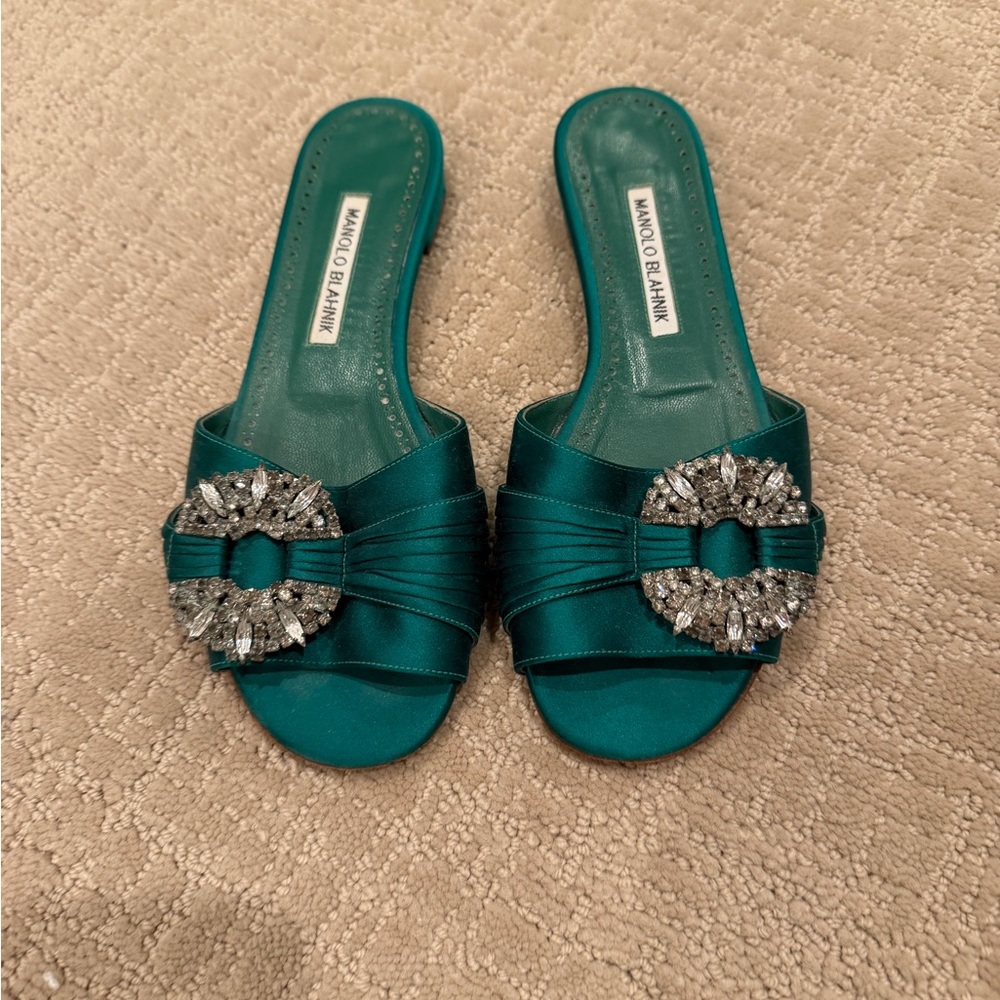 Manolo Blahnik Teal Satin Slides with Crystal Embellishment
